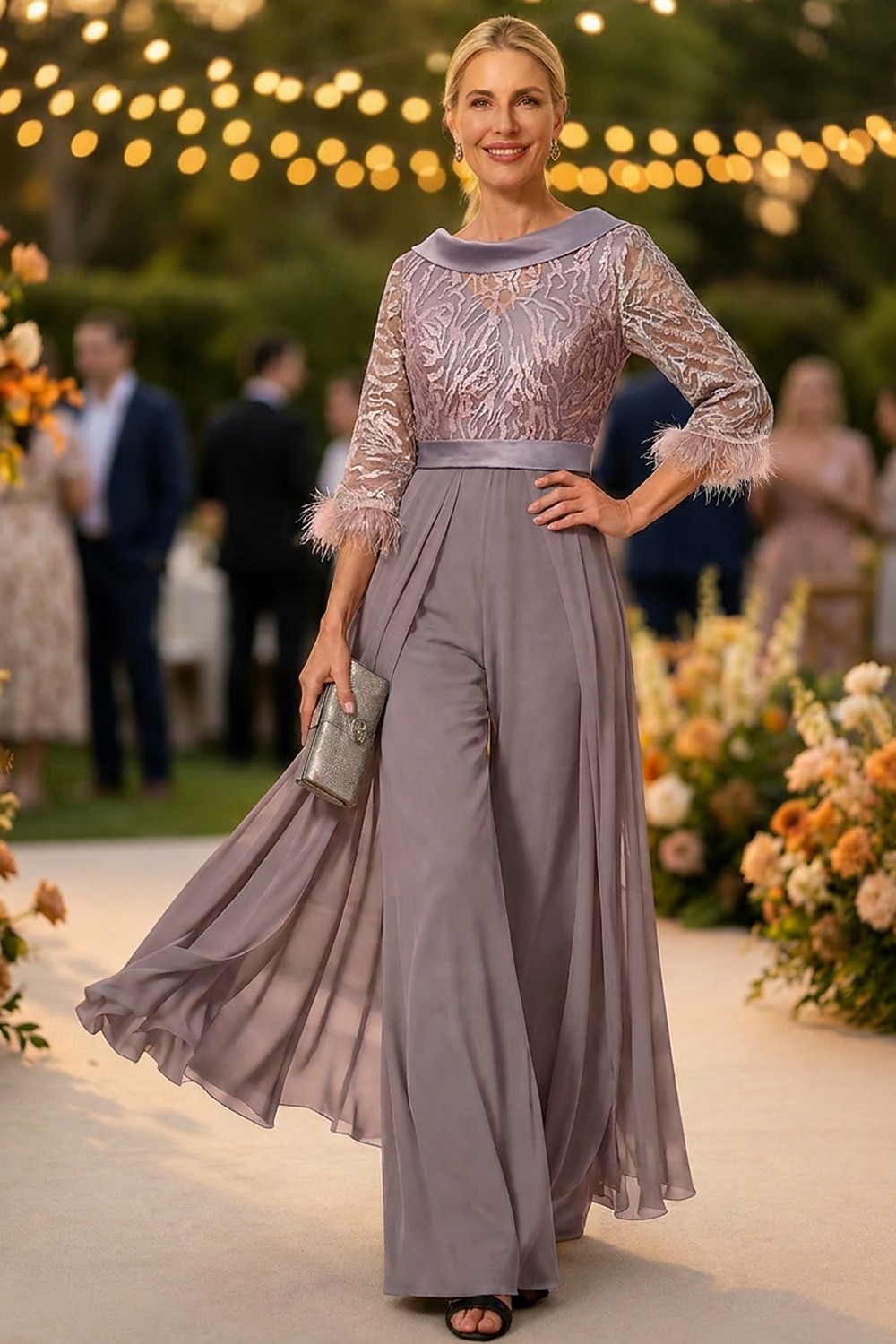 Tuta Completo Pantalone Lunghezza al pavimento Abito da cerimonia per signora Mezza Manica Collo gioiello Elegante Vintage Ospite di nozze Chiesa Chiffon con Piuma Paillettes Applicazioni del 2026 a $195.99 –P7