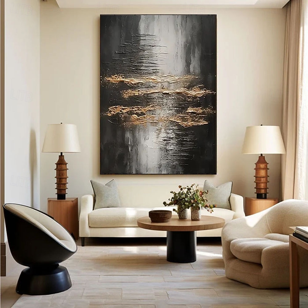 Grande peinture à l'huile faite main de style wabi-sabi, peinture murale noire et or, peinture texturée gris or, peinture abstraite minimaliste noire, art moderne, décoration murale de 2026 ? $118.99 –P3