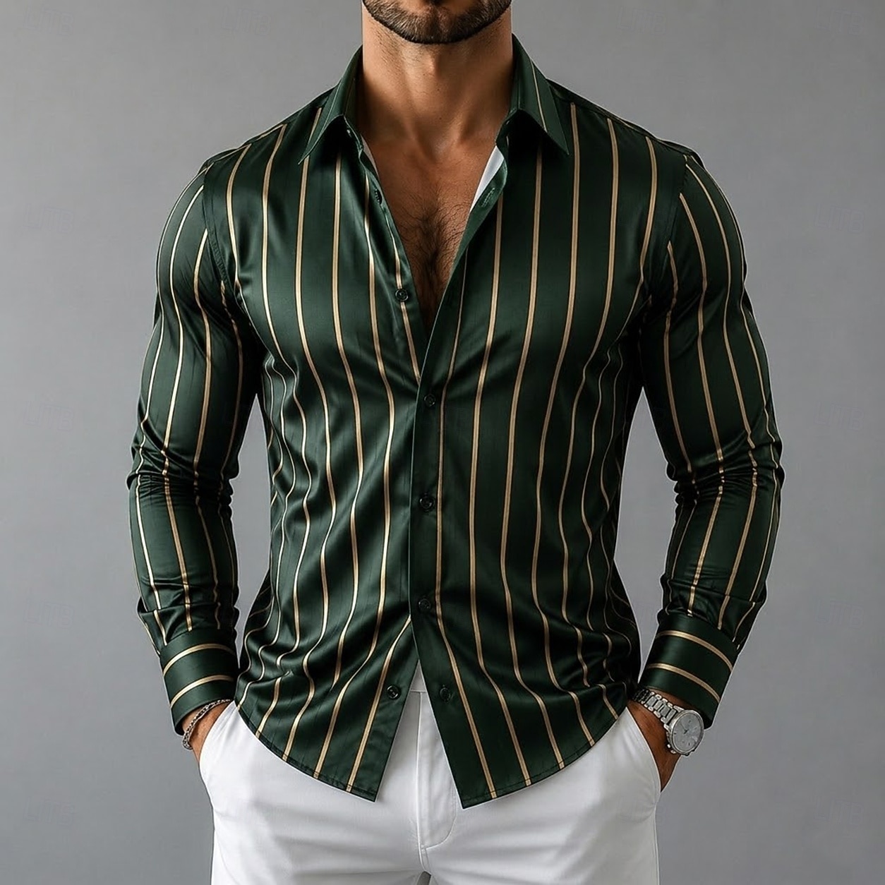 Hombre Camisa Camisa de raso Camisa para Vestido Abotonar la camisa camisa de baile Tiras verticales Boda Formal Negro Azul Verde Trébol Manga Larga Cuello Vuelto Todas las Temporadas Ropa 2026 - $33.99 –P1