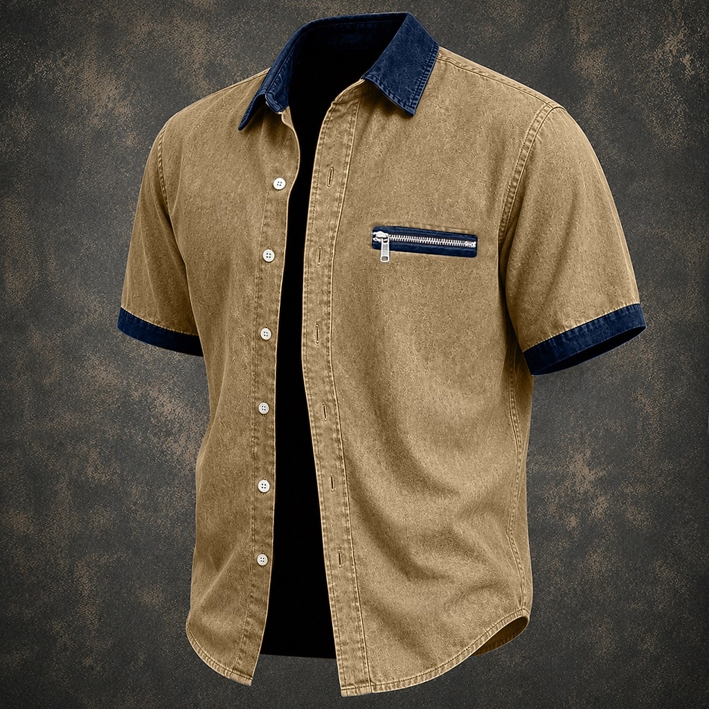 SoftFade™ Men Shirt Casual Shirt Denim Shirt Cotton Acid Wash Shirt Acid Wash Shirt Black Green khaki Gray Light Blue Short Sleeve Plain Shirt Collar Casual Daily Color Block Clothing Apparel Elegant 2026 - $31.99 –P6