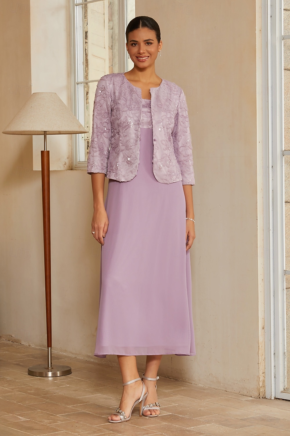 Femmes Ligne A Ensembles de robes 2 pièces avec veste Robe de Cocktail Robe d'invité de mariage Longueur thé Col Rond Sans manches Manche 3/4 Élégant Quotidien Semi-Formel avec Chiffon Maille florale de 2026 ? $149.99 –P2