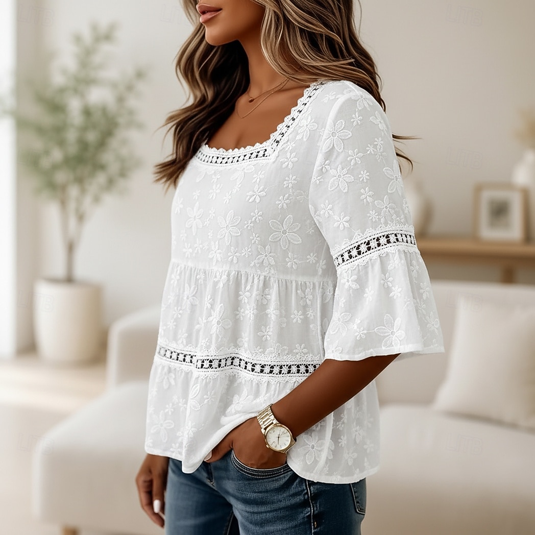 Femmes Haut d'épissage en dentelle Froncé Texture A Volants Élégant Manche 3/4 Col carré Occasionnel Blanche Été Printemps de 2026 ? $33.99 –P3
