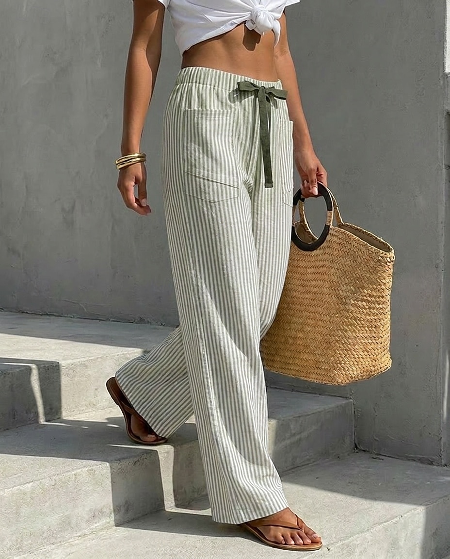 Women's Wide Leg Chinos Vacation Fashion Casual Daily Full Length Mid Waist Striped Comfort Inelastic Vacation Formal Blue Black Almond Red Summer Spring Loose Fit 2026 - $32.99 –P5