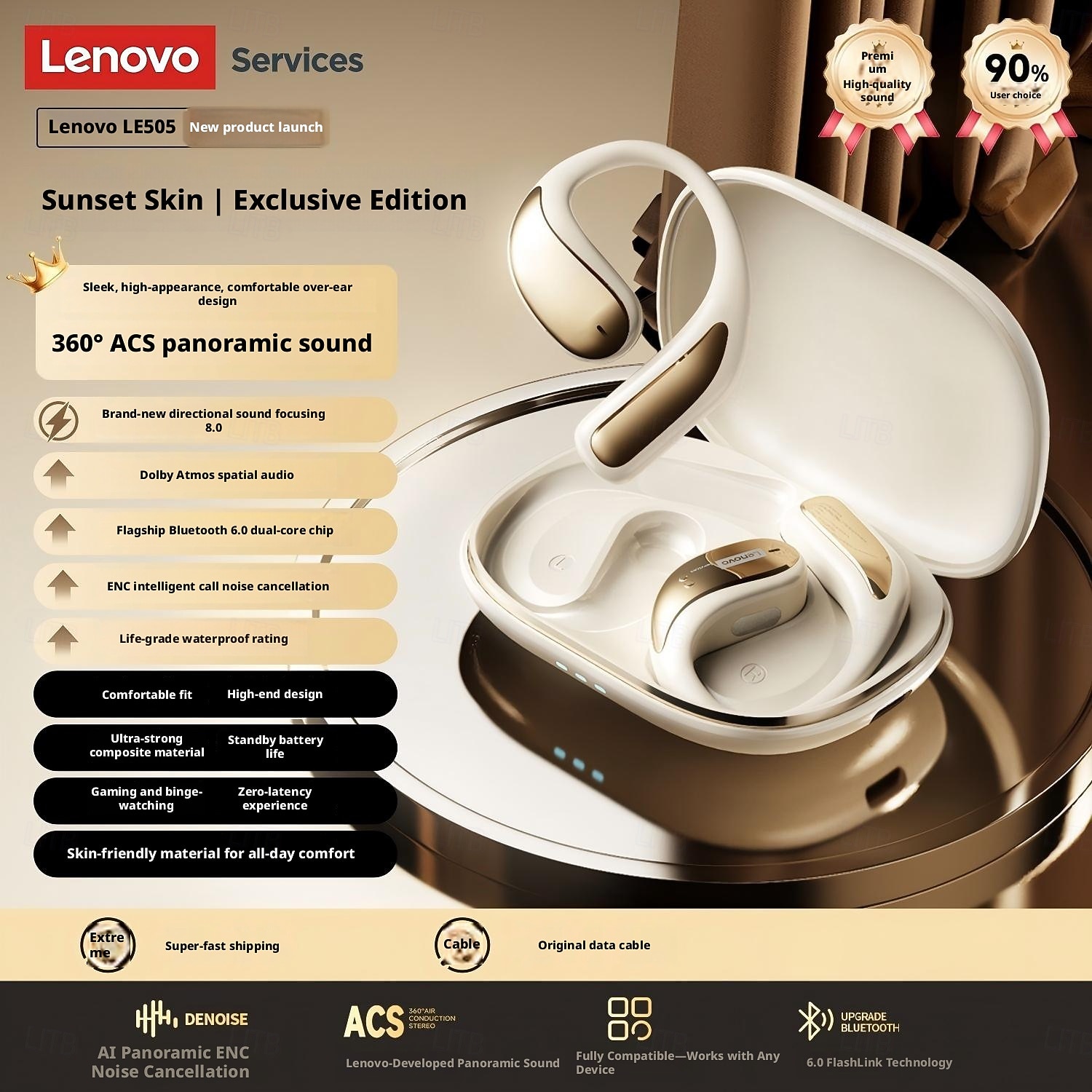 Lenovo LE505 Open Ear Wireless Headphones, Bluetooth 6.0 Air Conduction Earbuds, 360 ACS Panoramic Sound & Dolby Atmos, ENC Noise Canceling Mic, Waterproof Sport Earphones for Android iOS 2026 - $38.99 –P1
