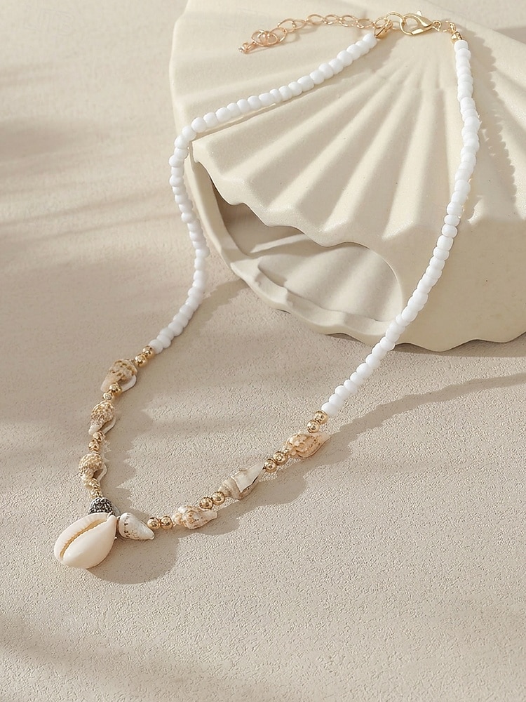 Damesketting met meerdere lagen van natuurlijke schelpen, dubbele streng strandsieraden, handgemaakte ketting met schelpen en kralen, kustachtige boho-vakantieaccessoires voor zomerreizen en cruises. 2026 - $7.99 –P7