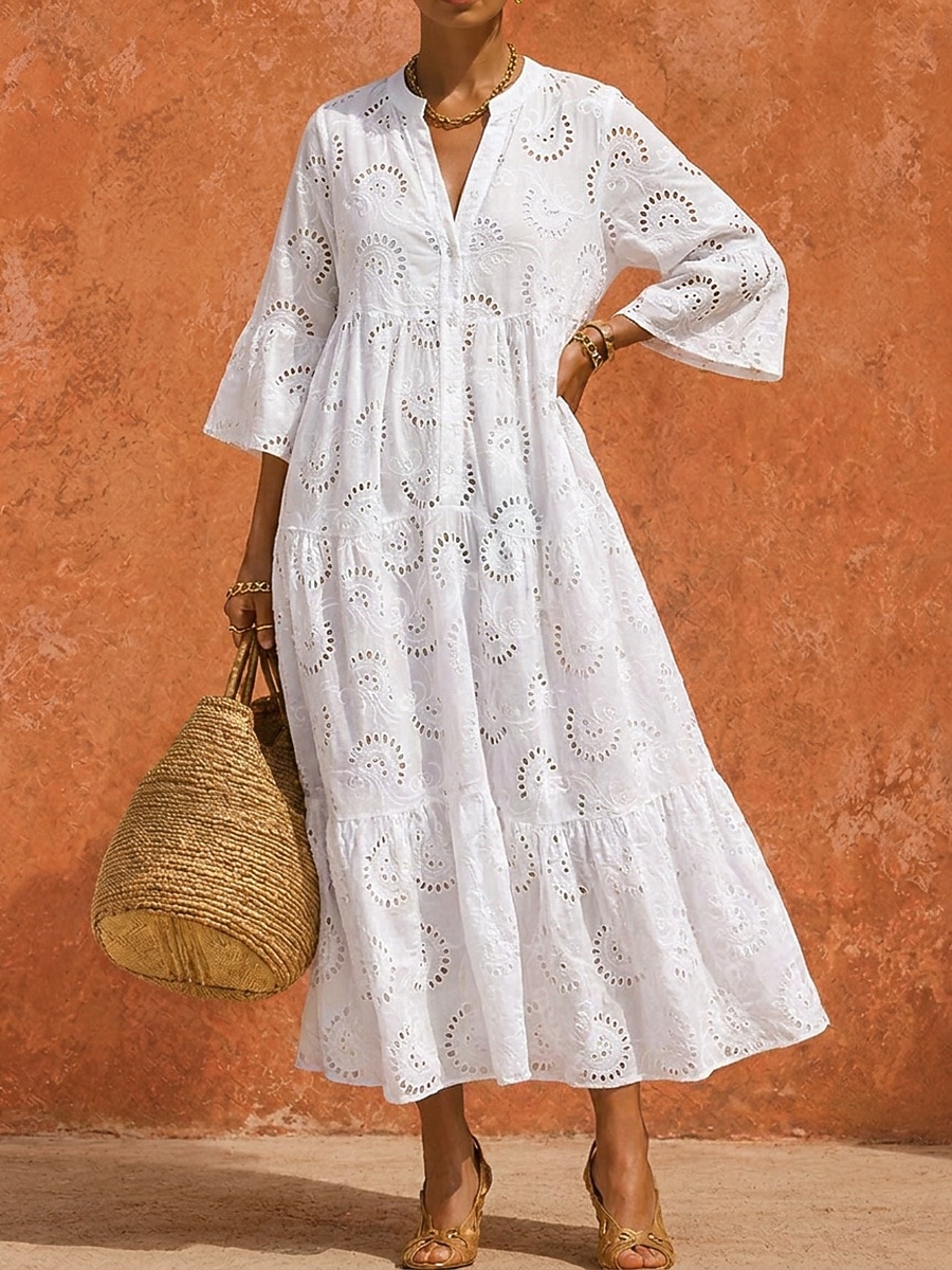 Dam Maxiklänning Boho-klänning Bomullsklänning Elegant Fest Normal Ren färg 3/4 ärm V-hals Blå Svart Vit Gul Sommar Höst 2026 - $48.99 –P2