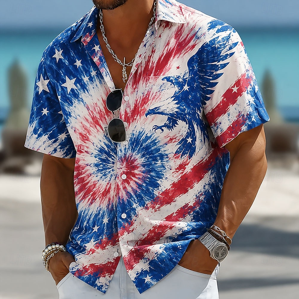 2026 250° Camicia per Uomo a Maniche Corte con Stampa Tie Dye Bandiera Americana Aquila Camicia Button Up Patriotica Outdoor Festival Estate Primavera Collo Stampa 3D Blu Blu 2 Blu del 2026 a $25.99 –P1