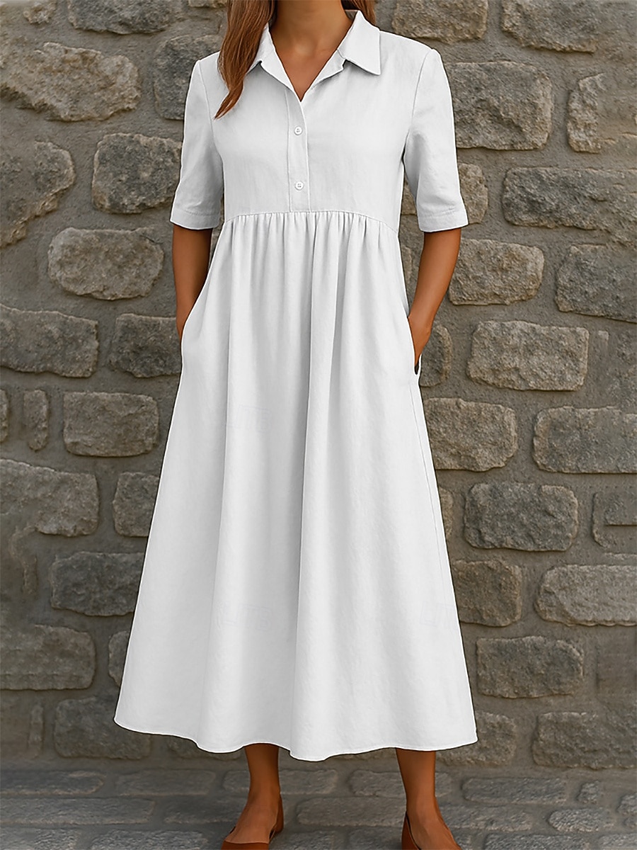 Mujer Vestido Midi Vestido informal Vestido de una línea Vestido de verano Básico Clásico Diario Vacaciones Ajuste regular Plano Media Manga Cuello Camisero Blanco Azul cielo Naranja Verde Trébol 2026 - $28.99 –P1