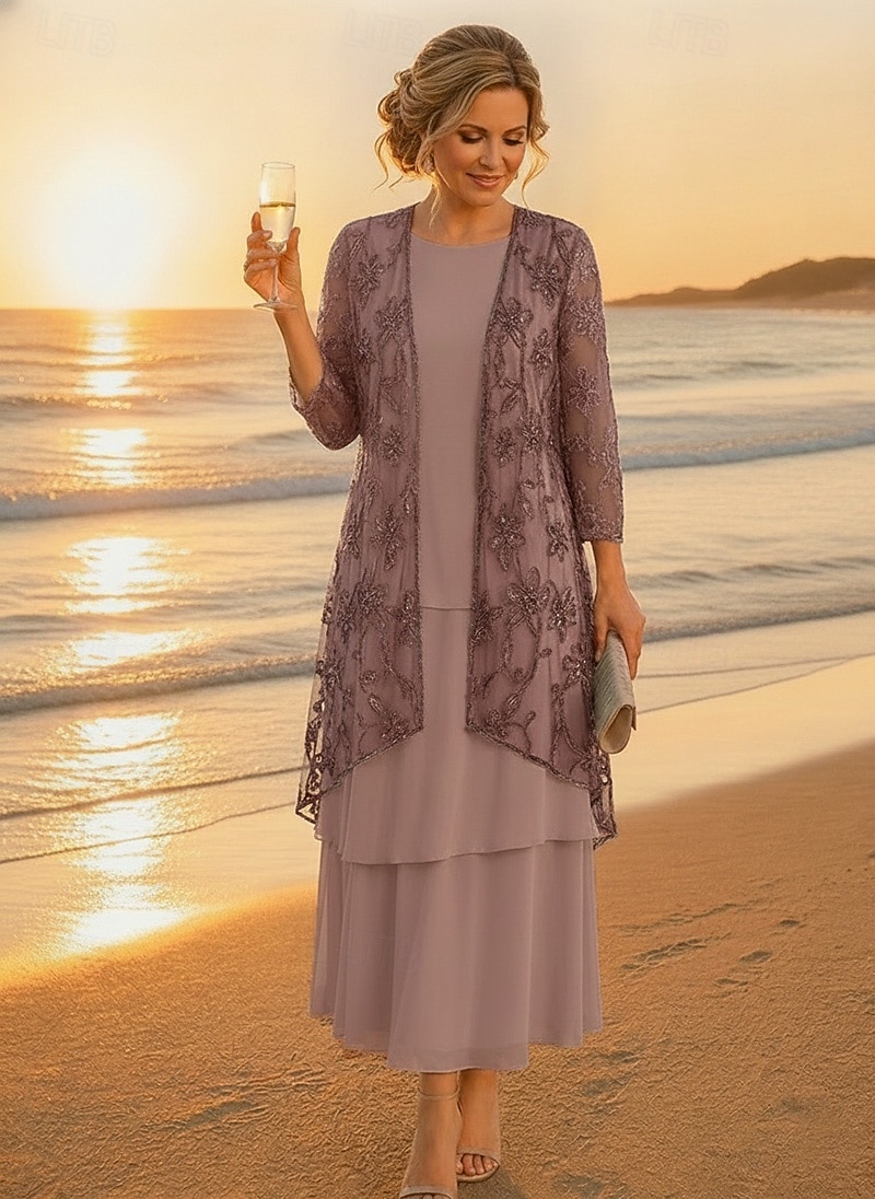 Due Pezzi Linea ad A Lunghezza alla caviglia Abito da cerimonia per signora Manica 3/4 Mezza Manica Scollo Tondo Elegante Semplice Lussuoso Formale Ospite di nozze Chiffon Pizzo Abiti con Giacca con del 2026 a $171.99 –P1