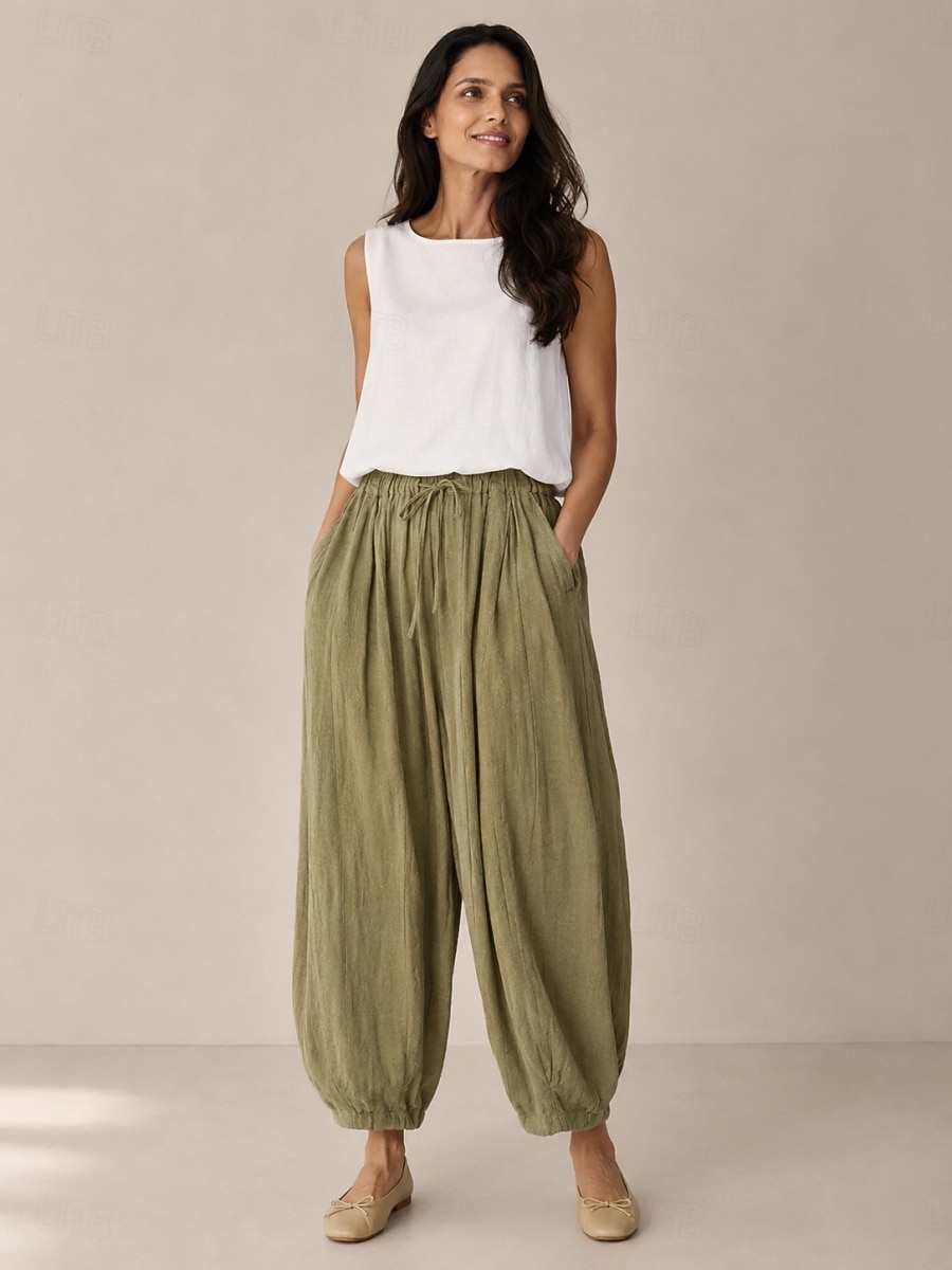 Calça lanterna feminina de linho orgânico com cintura elástica e bolsos. de 2026 por $49.99 –P2