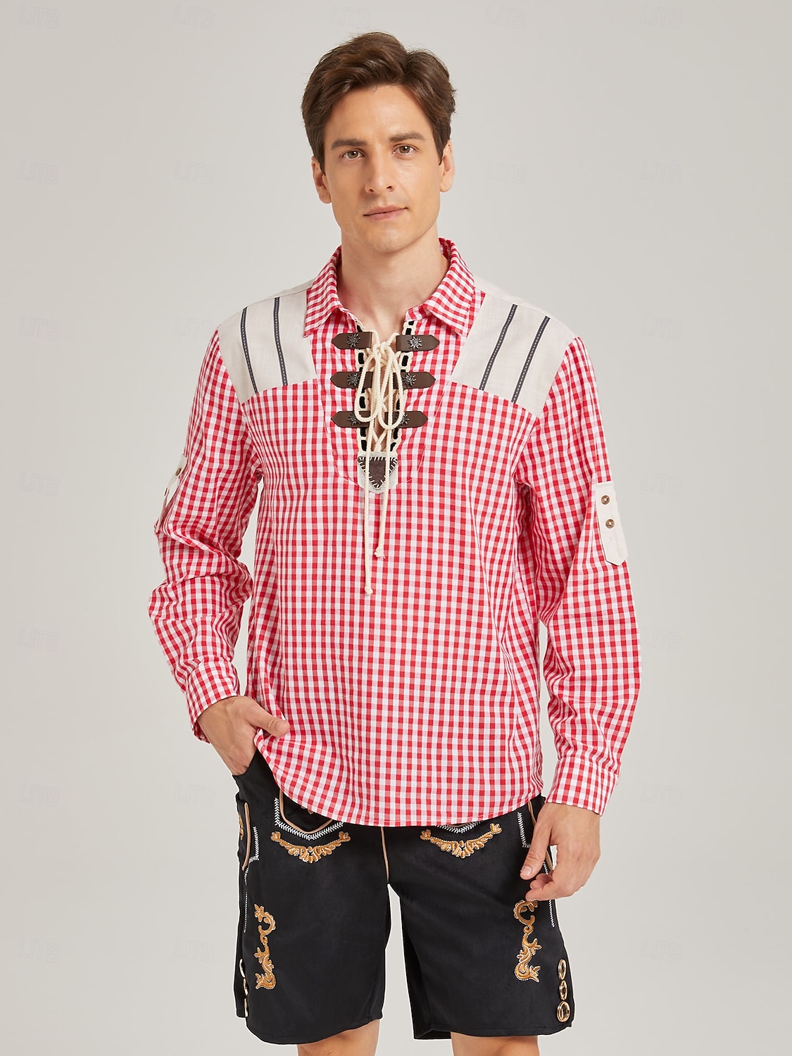 Oktoberfest Trachten shirts Rood geruit patroon Vetersluiting aan de voorkant Bavarian Duits Erfenis Weiden Voor heren Carnaval Bierfestival Doek in traditionele stijl 2026 - $65.99 –P5