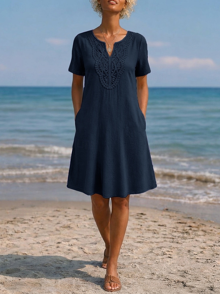 Mujer Vestido hasta la Rodilla Vestido bohemio Vestido de encaje Elegante Diario Holgado Plano Manga Corta Escote en Pico Bleu Ciel blanquecino Morado Azul Oscuro Verano 2026 - $10.49 –P5
