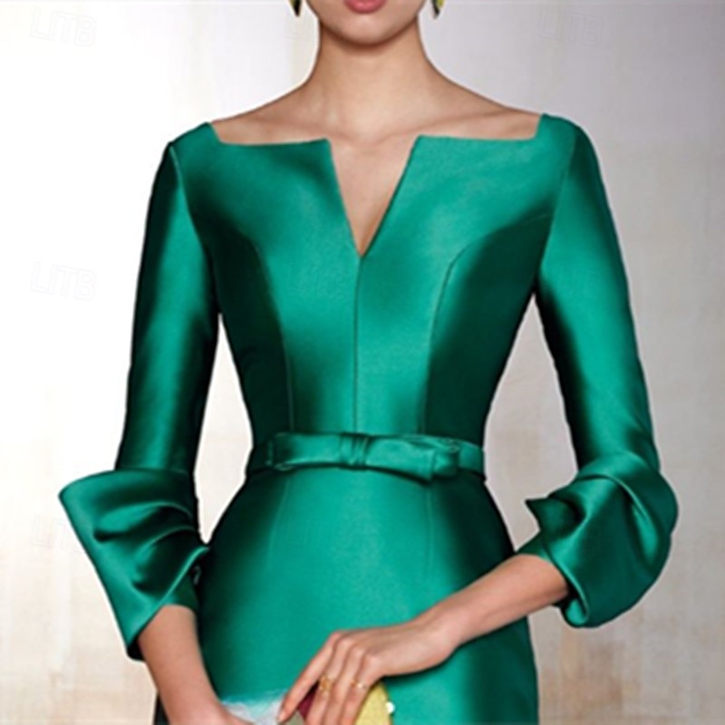 Sheath Column Knee Length Cocktail Dresses Party Dresses Elegant Minimalist 3/4 Length Sleeve V Neck Formal Wedding Guest Satin with Sash / Ribbon Pure Color 2026 - $126.99 –P6
