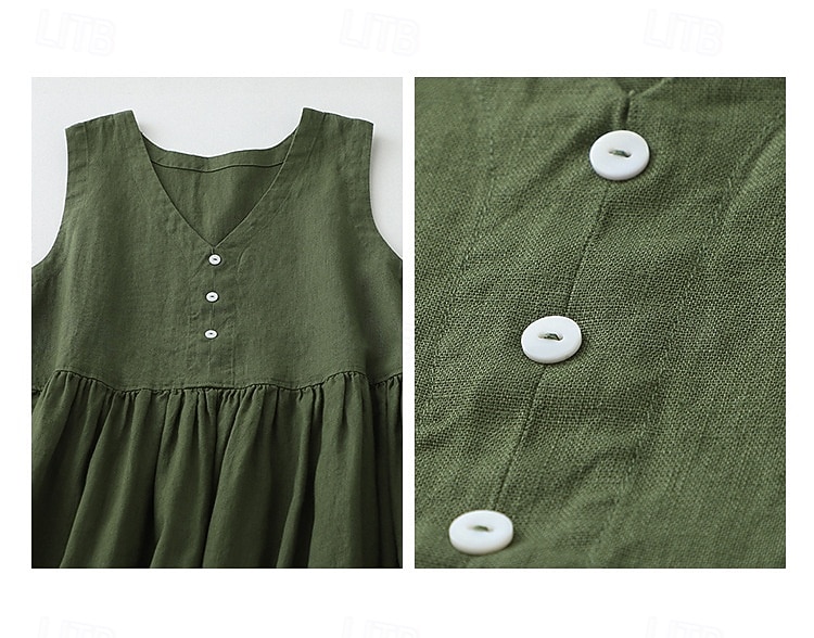 نسائي فستان ميدي 100% Cotton عتيق مناسب للبس اليومي فضفاض صالح سهل بدون كم V رقبة هيذر أخضر عسكري الصيف الربيع 2026 - $18.49 –P11