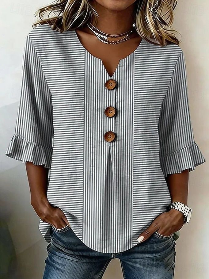 Women's Shirt Patchwork Buttons Print Graphic Striped Vintage Stylish 3/4 Length Sleeve V Neck Long Tops Casual Daily Holiday Purple Brown Grey Summer Spring 2026 - $26.99 –P1