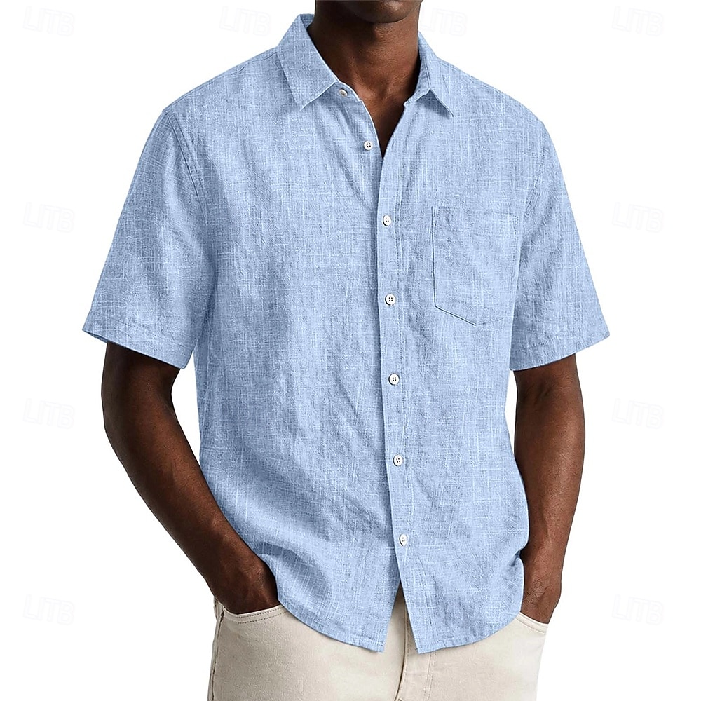 Men Shirt Linen Shirt Summer Shirt Beach Wear Button Up Shirt Plain Casual Daily Black Navy Blue Sky Blue Khaki Short Sleeve Collar Spring & Summer Summer Clothing Apparel Pocket 2026 - $24.99 –P2