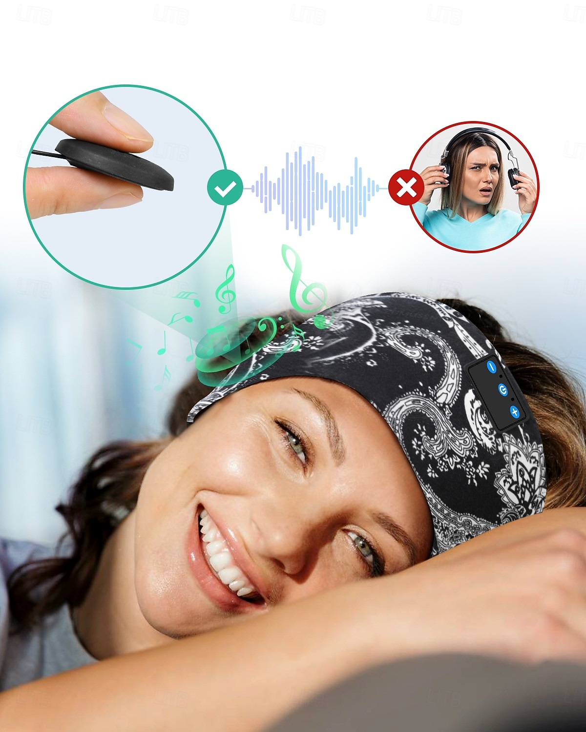 Sluchátka na spaní s Bluetooth čelenkou, bezdrátová sportovní čelenka s vestavěnými HD stereo reproduktory, měkká elastická prodyšná oční maska pro spaní na boku, běh, jóga, cestování, paisley vzor 2026 - $31.99 –P7