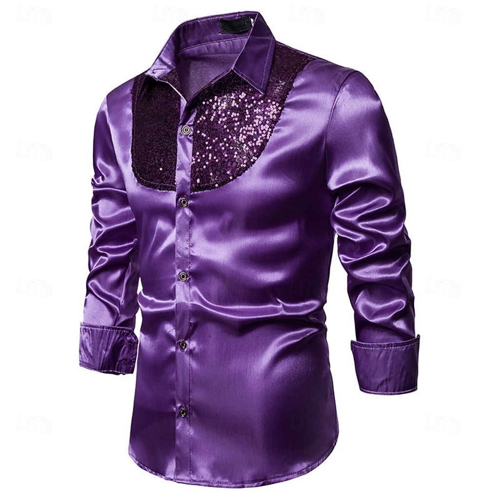 Men's Shirt Satin Shirt Dress Shirt Casual Shirt Solid Color Outdoor Work Black White Red Navy Blue Long Sleeve Turndown Summer Spring Clothing Apparel Sequins 2026 - $26.99 –P5