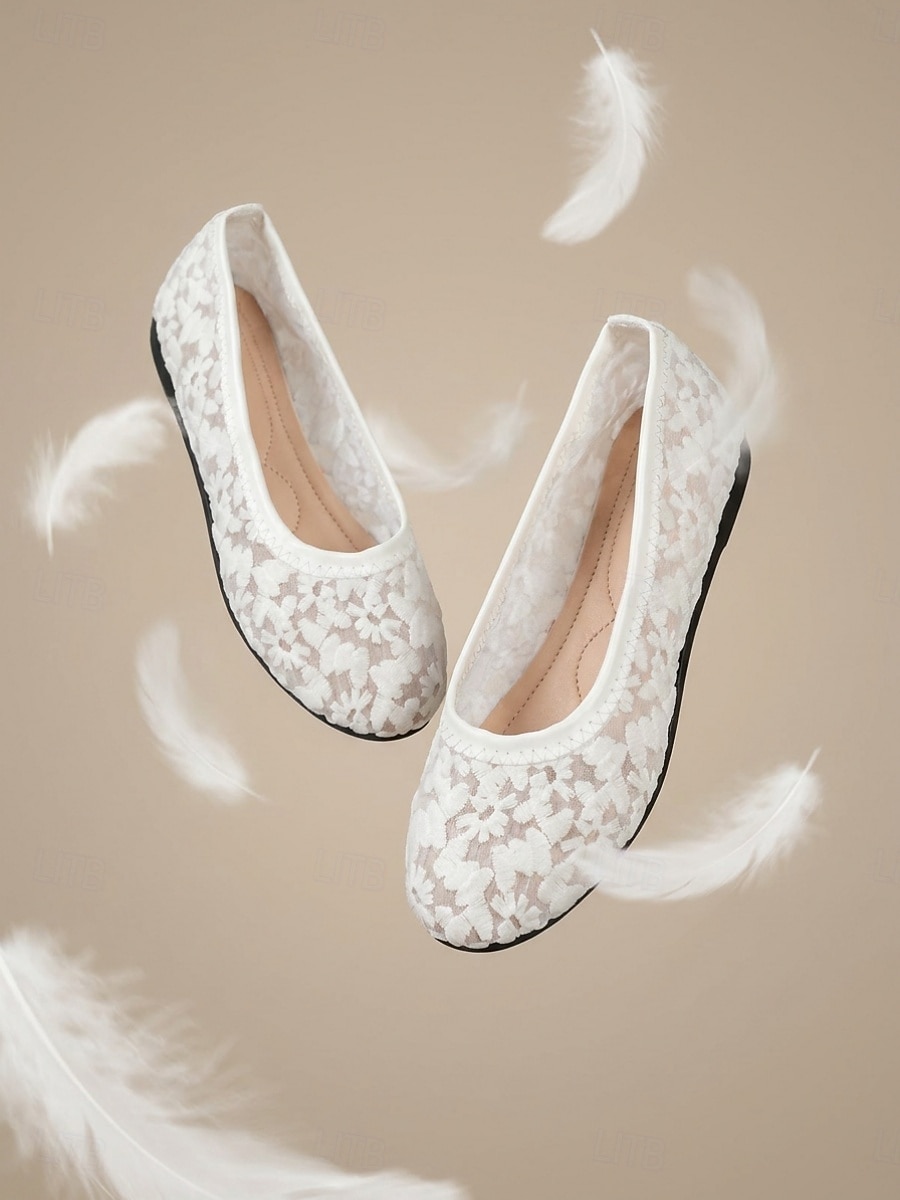 Women's White Floral Mesh Ballet Flats – Breathable Lightweight Walking Shoes with Cushioned Comfort for Vacation Travel, Garden Parties and Everyday Wear 2026 - $19.99 –P1
