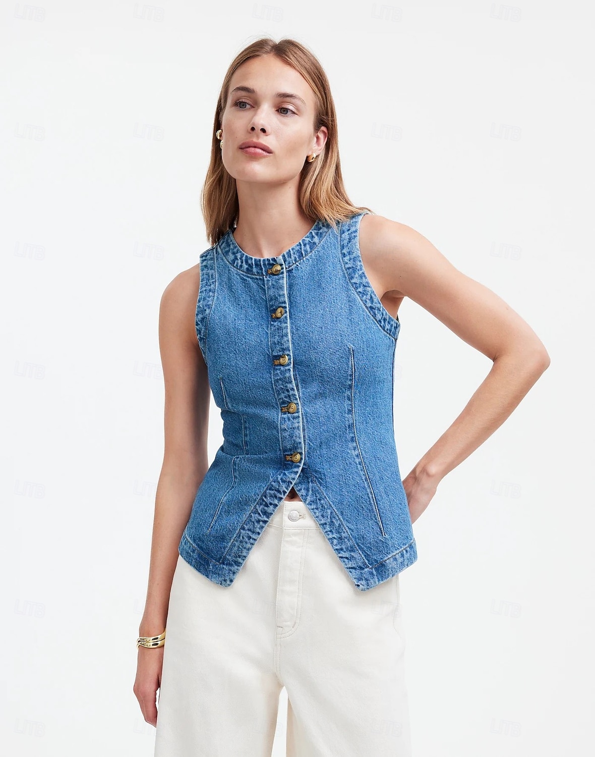 Women's Tank Top Tee Top denim-look Buttons Solid Color Vintage Fashion Sleeveless Sleeveless Crew Neck Regular Tops Casual Daily Blue Summer Spring 2026 - $39.99 –P10