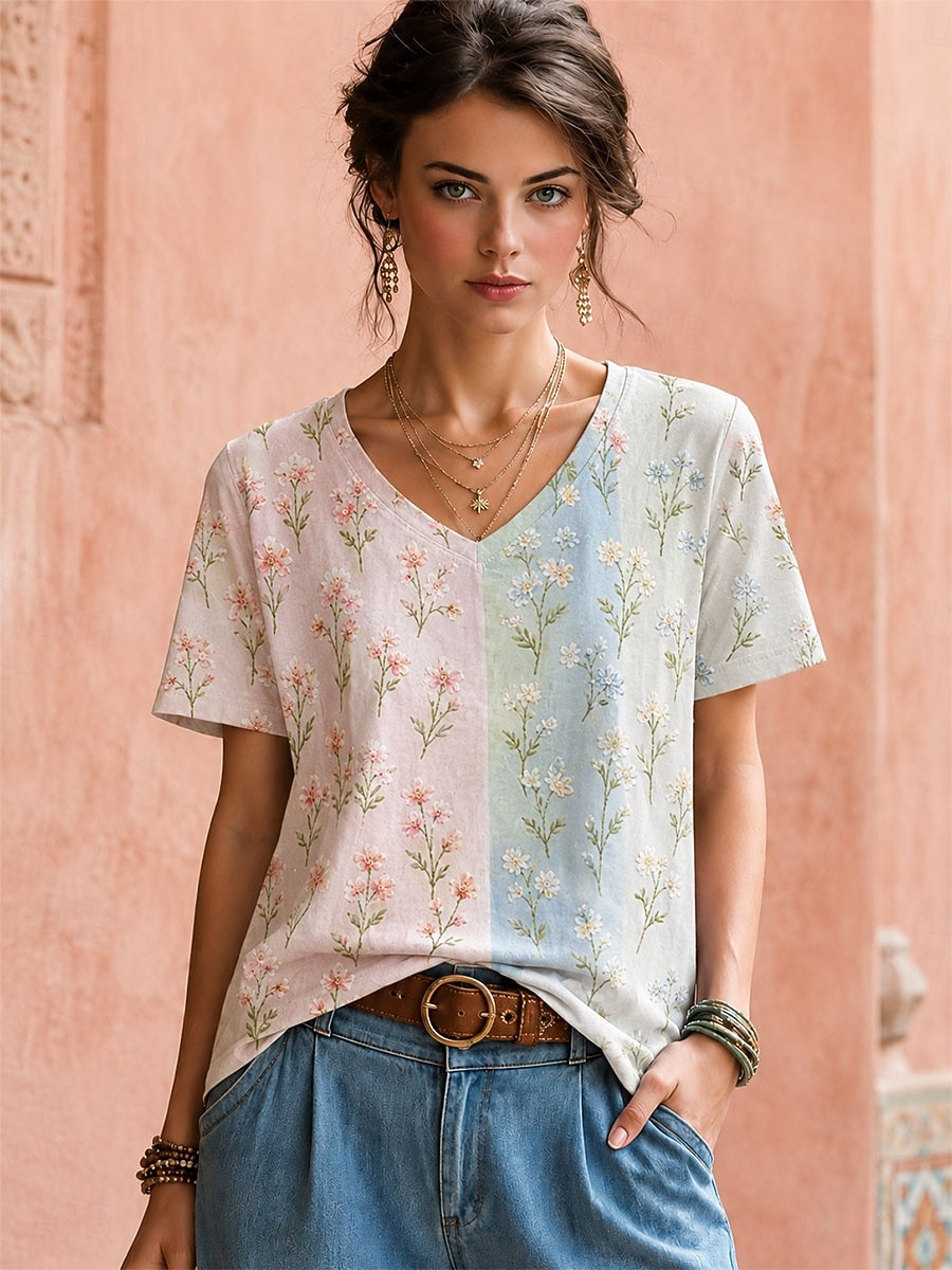 Per donna Maglietta bohémien Top estivi Floreale Grafico Piante Elegante Bohemien Vintage Manica Corta Scollo a V Top Regolari Casuale Quotidiano Sportivo Blu Bianco / Rosa Albicocca rosa Estate del 2026 a $21.99 –P4