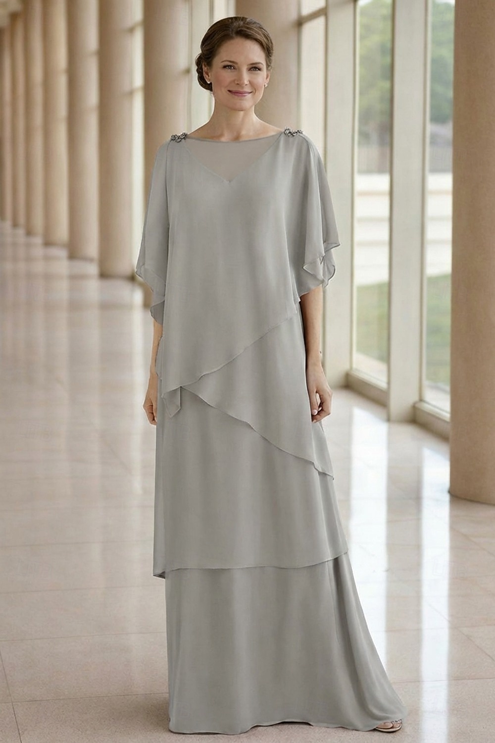 Linea ad A Lunghezza al pavimento Abito da invitata a nozze Abito Formale Abito a Strati Abito da cerimonia per signora Mezza Manica Girocollo Elegante Formale Ospite di nozze Chiffon con Volant del 2026 a $183.99 –P18