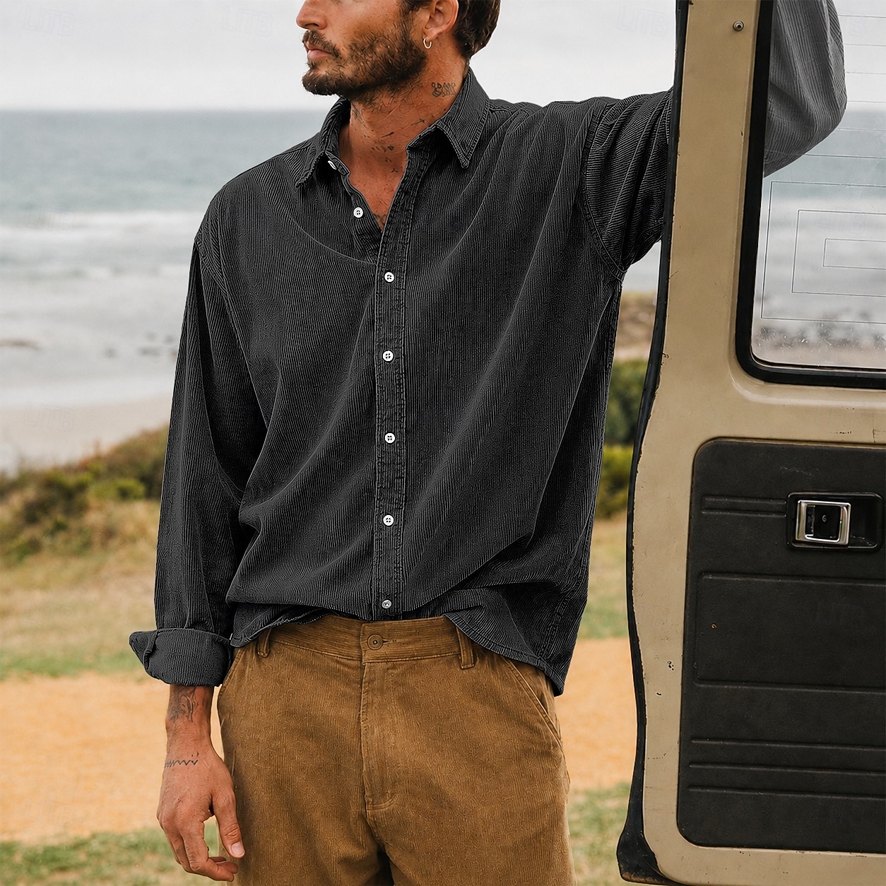 Men Shirt Casual Shirt Corduroy Shirt Button Up Shirt White Dark Brown Black Navy Blue Purple Long Sleeve Plain Shirt Collar Casual Daily Plain Clothing Apparel Elegant Fashion Casual 2026 - $29.99 –P9