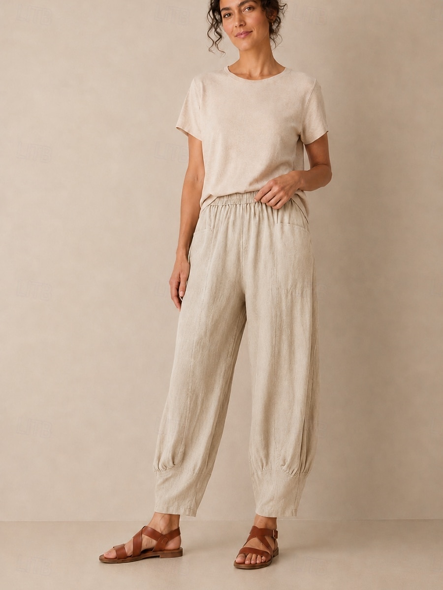 Pantalon large en lin pour femme, taille mi-haute, poches pleine longueur, ceinture élastique, couleur bordeaux et bleu azur, idéal pour les vacances de 2026 ? $49.99 –P16