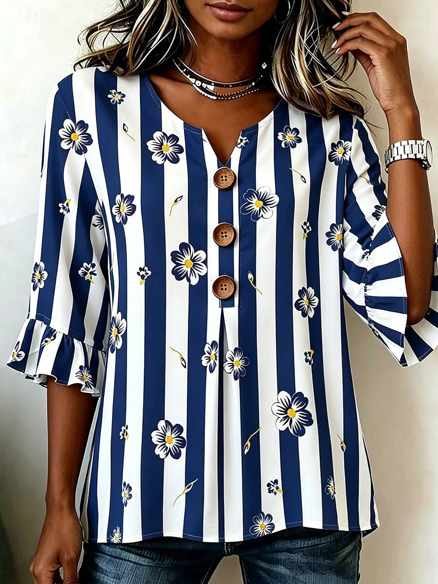 Women's Blouse Buttons Print Floral Graphic Vintage Stylish 3/4 Length Sleeve Crew Neck Regular Tops Casual Daily Going out Blue White Summer Spring 2026 - $29.99 –P2