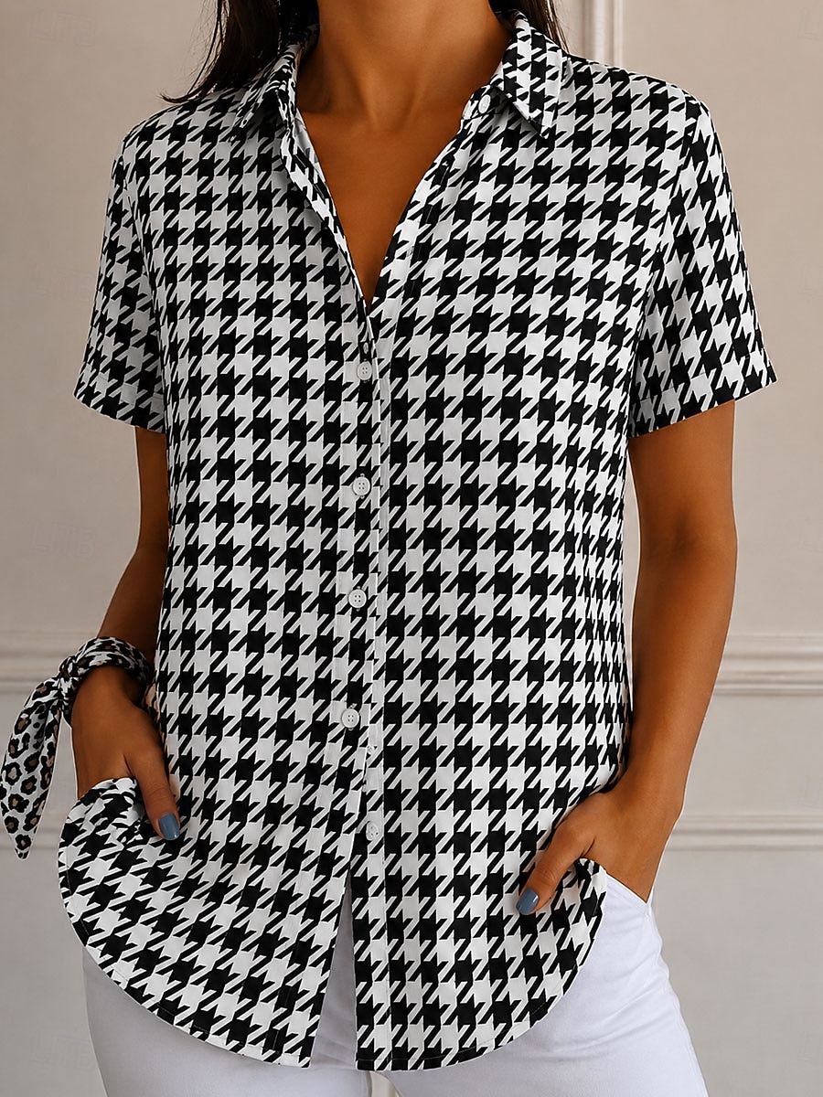 Women's Shirt Graphic Geometric Plaid Vintage Stylish Modern Short Sleeve Shirt Collar Regular Tops Casual Daily Blue Black Yellow Summer Spring 2026 - $27.99 –P1