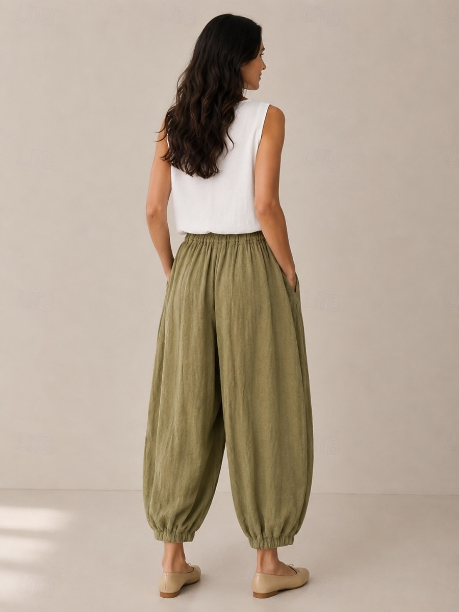 Calça lanterna feminina de linho orgânico com cintura elástica e bolsos. de 2026 por $49.99 –P4