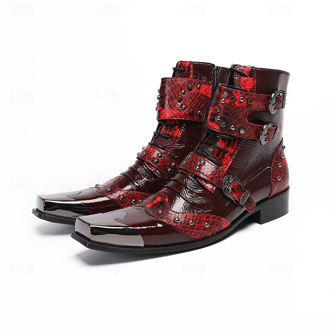 Men's Red Western Biker Boots – Exotic Buckle Ankle Boots, Vintage Cowboy Footwear for Motorcycle Riding, Concerts, Music Festivals and Nightlife 2026 - $149.99 –P7
