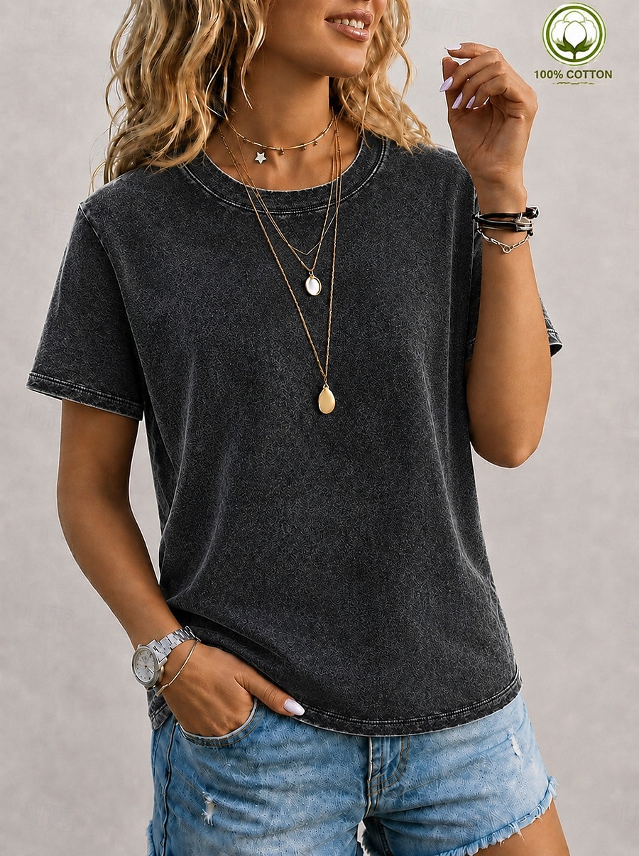softfade™ dames T-shirt van 100% katoen, vintage gewassen model, korte mouwen, ronde hals, lange mouwen, casual, blauw, zwart, lichtgroen 2026 - $31.99 –P13