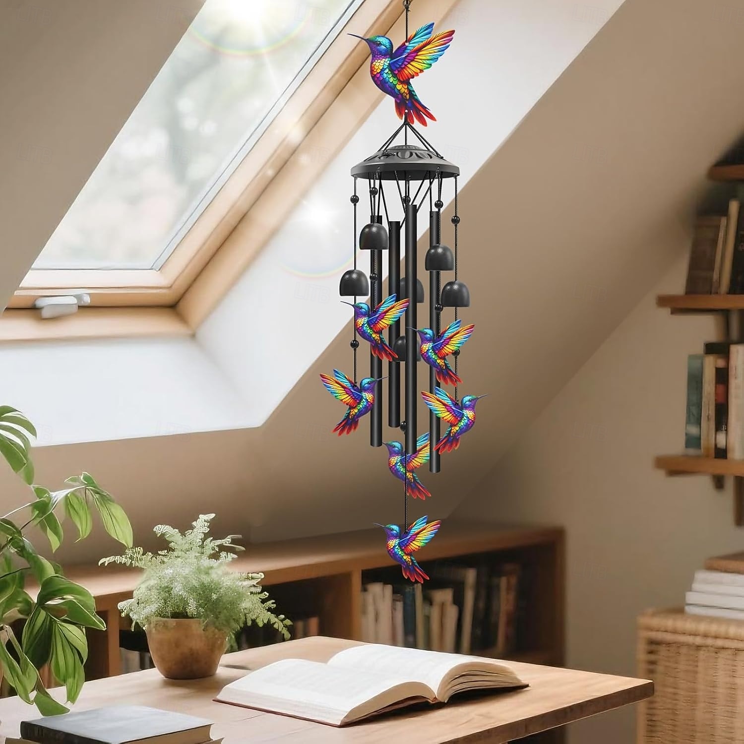 Buntes Vintage-Windspiel mit Kolibri-Motiv für draußen, schwarzes Metall-Windspiel für den Außenbereich, Geschenkideen für Frauen und Männer, Garten- und Hofdekoration, Erinnerungs- oder 2026 - $26.99 –P6