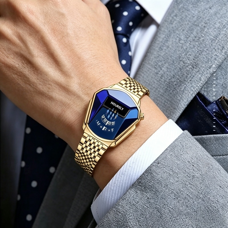 Orologio da polso di lusso da uomo in oro, design creativo a scudo triangolare con esclusivo display a disco rotante, cristallo blu sfaccettato, cinturino in acciaio inossidabile, impermeabile, del 2026 a $20.99 –P2