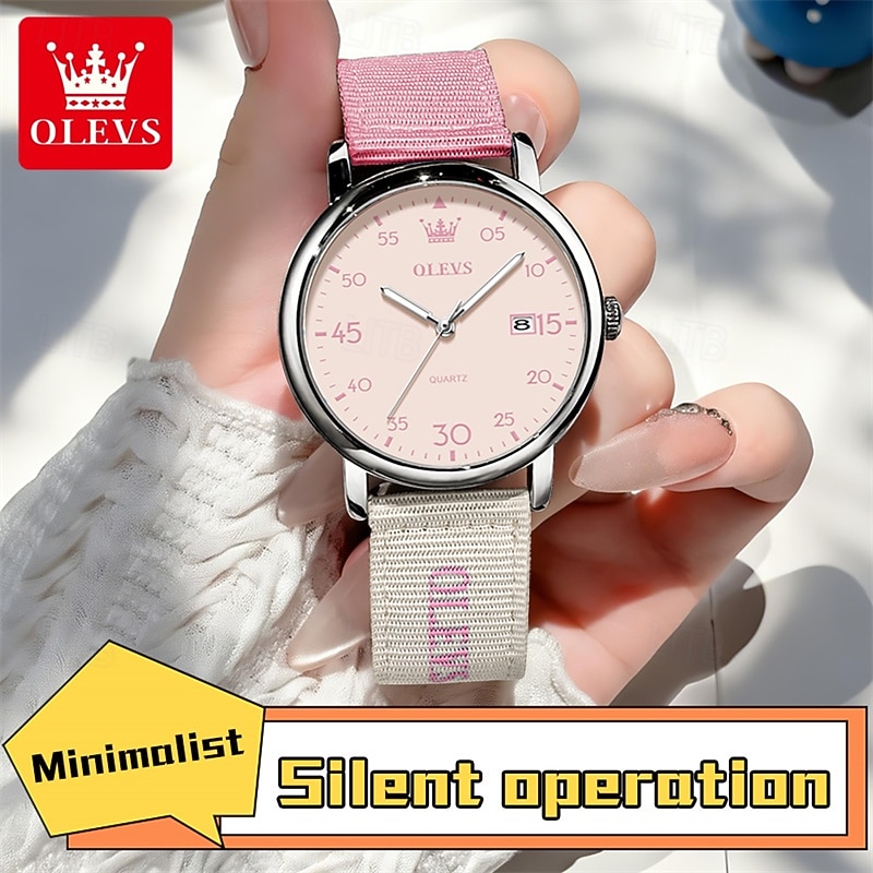 Olevs dameshorloge in roze, schattig analoog quartz polshorloge met datumweergave, casual modieus meisjeshorloge met ademende nylon band, waterdicht tot 30 meter, verjaardagscadeau voor tienermeisjes 2026 - $35.99 –P14