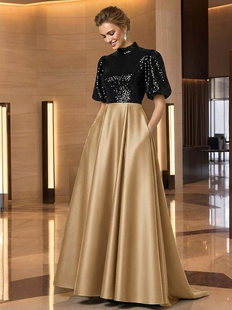 A-Line Sweep Brush Train Evening Gown Elegant Glittering Sparkle Short Sleeve High Neck Wedding Formal Pocket Satin with Pleats Sequin 2026 - $148.99 –P4