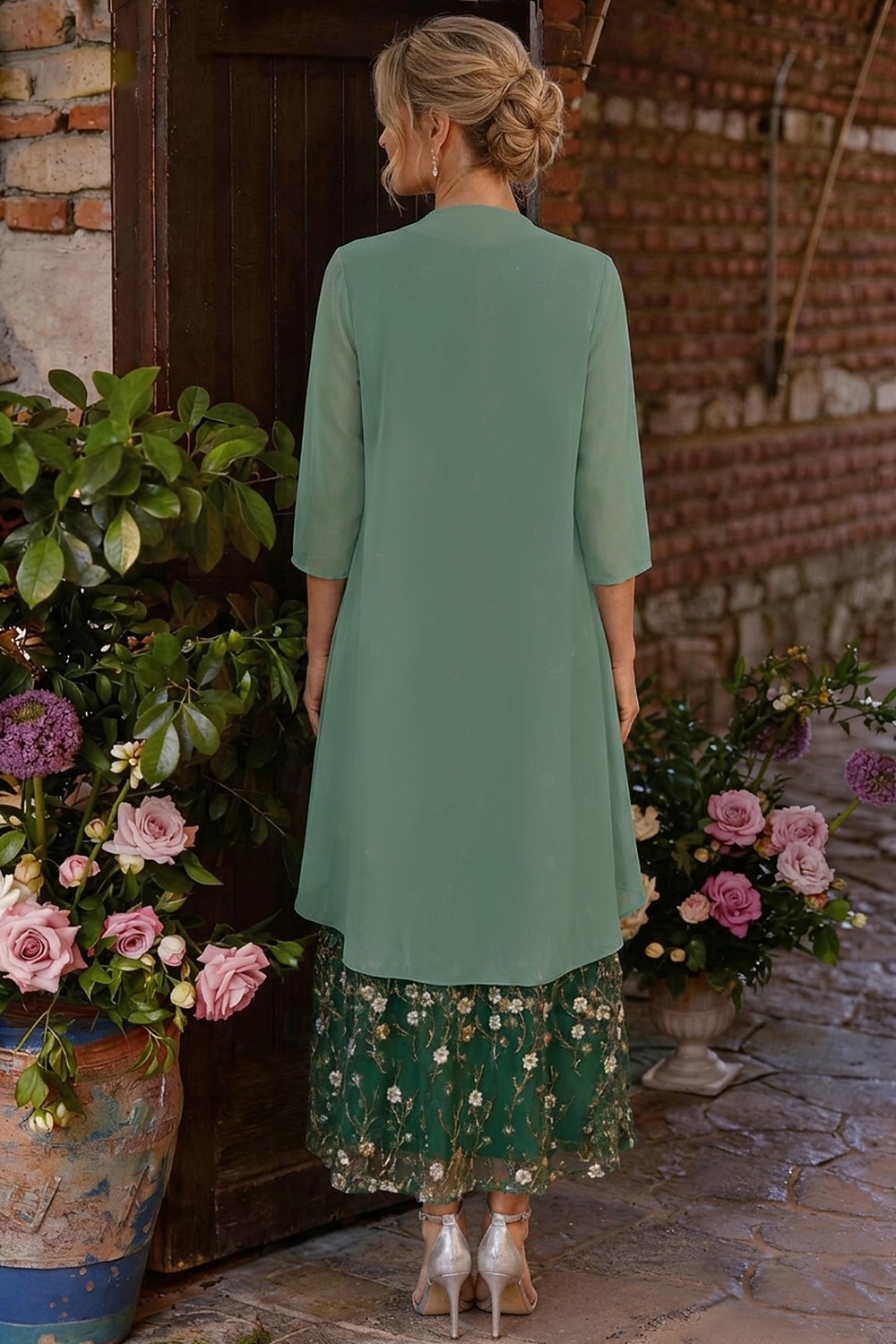 Două Piese Linia -A Lungime Gleznă Rochie Mama Miresei Lungime Manșon 3/4 Stil Nautic Elegant Simplu Luxos Oficial Invitat la nunta Șifon Dantelă Rochii jacheta cu Volane Straturi Broderie 2026 - $171.99 –P5
