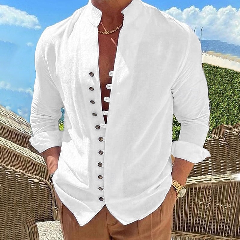 Herren Hemd Leinenhemd Sommerhemd Freizeithemd Knopfhemd Einfach Täglich Urlaub Weiß Schwarz Rosa Blau Langarm Stehkragen Sommer Frühling & Herbst Bekleidung 2026 - $25.99 –P7