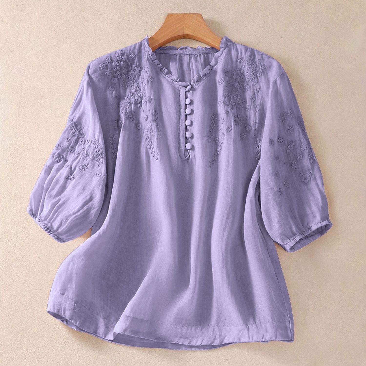 Per donna 100% cotone Camicia button-down Tessuto Ricamato Bottoni Vintage Scollo a V Top lunghi Casuale giallo verde Rosa Blu reale Viola Estate Primavera del 2026 a $31.99 –P7