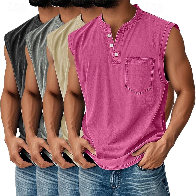 Men's 4-PCS Vest Top 100% Cotton Acid Wash Shirt Acid Wash Shirt Sleeveless Henley Summer Spring Plain Fashion Designer Basic Garment Dyed Vintage Washed Vacation Street Going out Top Tee for Men 2026 - $91.99 –P9