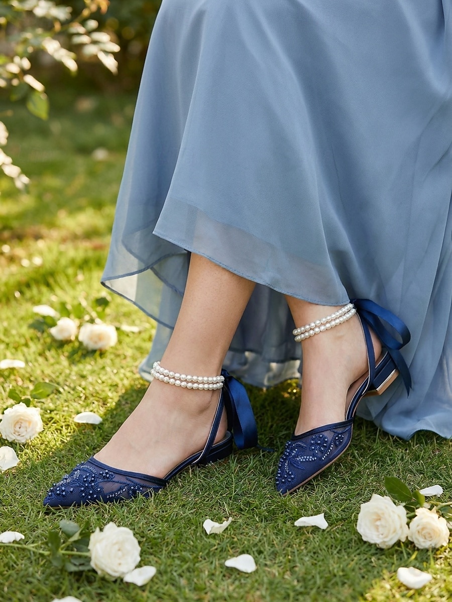 Women's Navy Blue Wedding Flats - Pearl Ankle Strap Mesh Bridesmaid Shoes with Bow for Garden Wedding Guest 2026 - $69.99 –P1