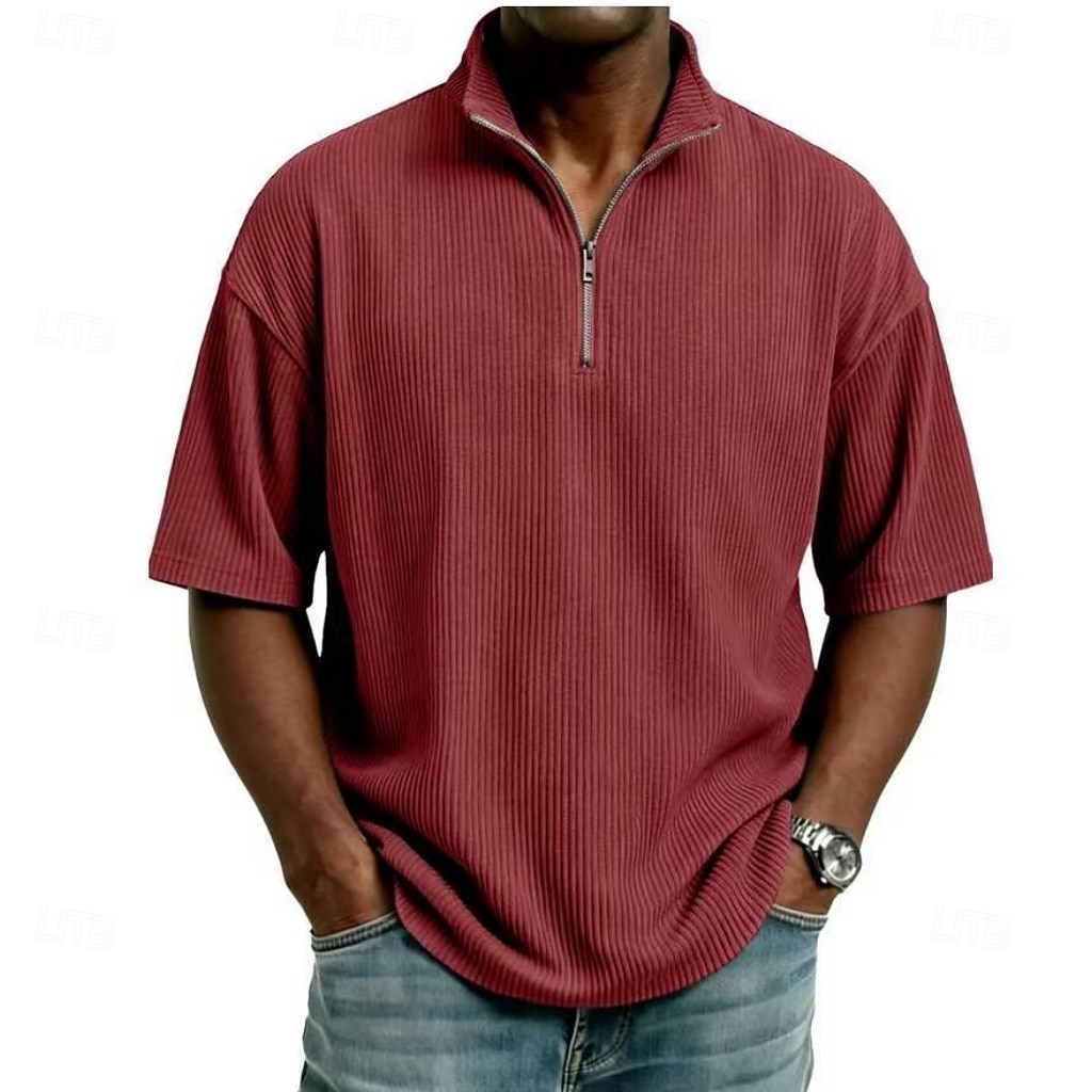 Men's Corduroy Shirt Polo Shirts Casual Daily Quarter Zip Short Sleeve Fashion Basic Plain Lightweight Quarter Zip Summer Spring Regular Fit Black White Wine Navy Blue Sky Blue Purple Corduroy Shirt 2026 - $24.99 –P7