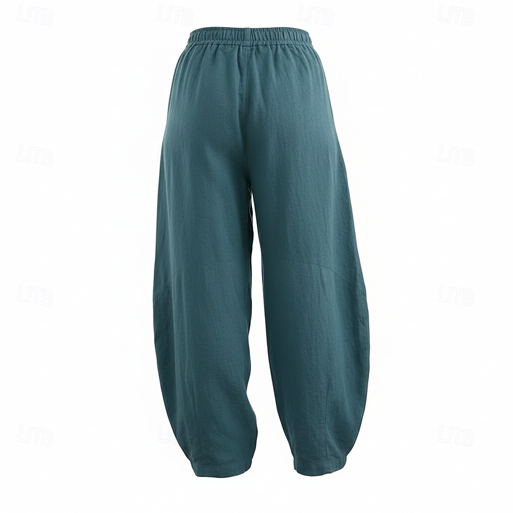 Pantalones bombachos de lino para mujer, cintura media, largo completo, bolsillo, cintura elástica, vacaciones, azul arroz 2026 - $49.99 –P17