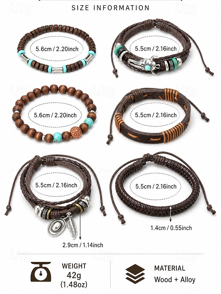 Conjunto de 6 pulseras boho de capas para hombre, con cuentas de madera. &Pulseras de aleación con dije de cabeza de toro y pluma, joyería de estilo occidental para uso casual, viajes, festivales, 2026 - $11.99 –P7