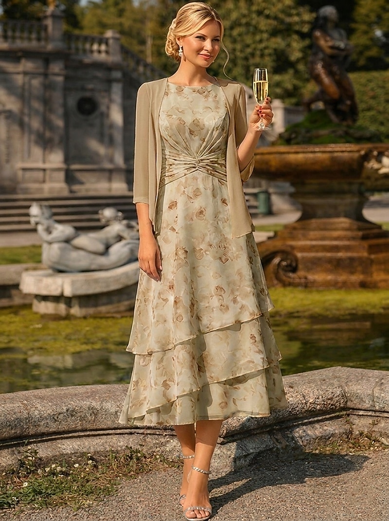 Two Piece A-Line Tea Length Wedding Guest Dress Mother of the Bride Dress Sleeveless 3/4 Length Sleeve Crew Neck Elegant Simple Minimalist Formal Semi Formal Chiffon Jacquard with Floral Print Ruched 2026 - $182.99 –P13