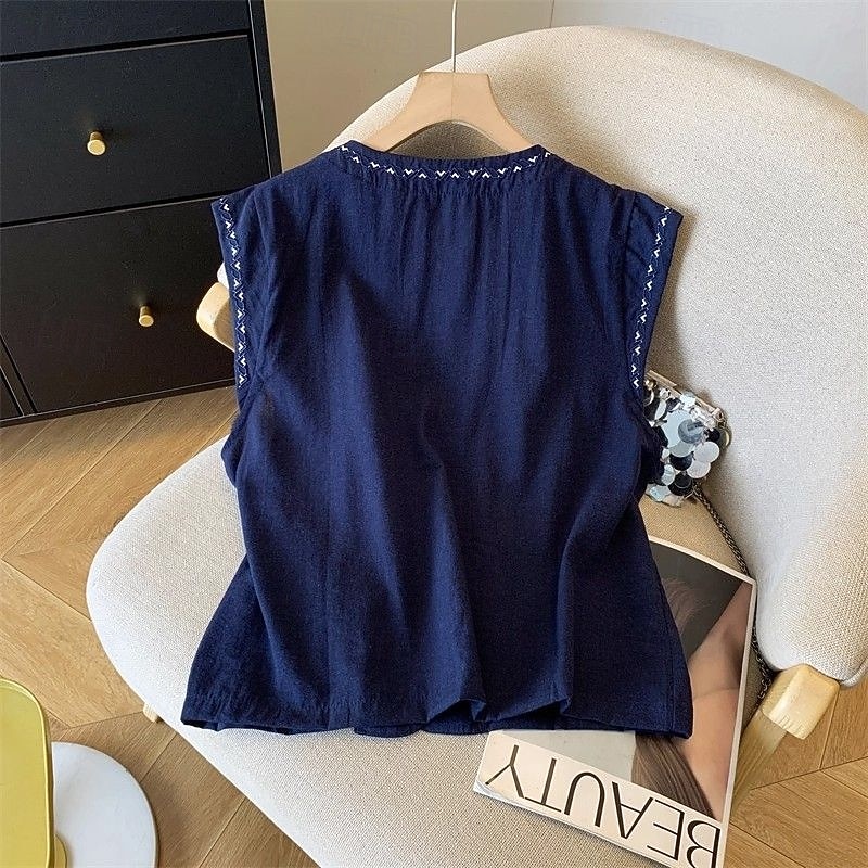 Mujer Chaleco de lino y algodón Camisa de verano Bordado Vintage Sin Mangas Cuello Barco Tops largos Casual Blanco Amarillo Azul Marino Verano Primavera 2026 - $21.99 –P7