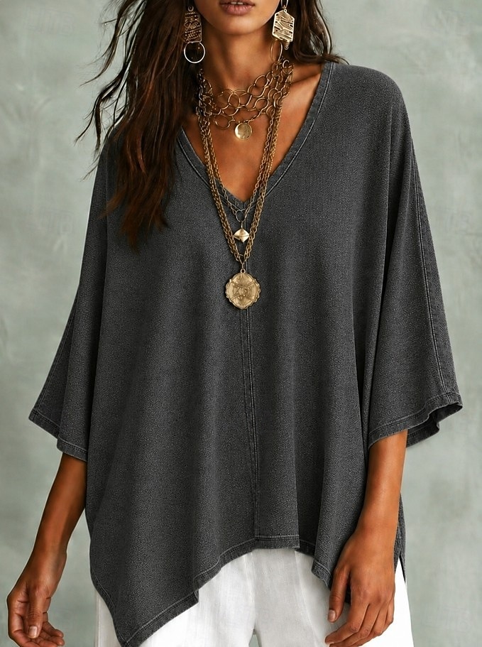 Camisa boho para mujer, estilo denim, casual, color liso, bohemia, vacaciones, uso diario, manga corta, cuello en V, crop tops, casual, diario, vacaciones, azul, negro, azul claro, verano, primavera 2026 - $28.99 –P4
