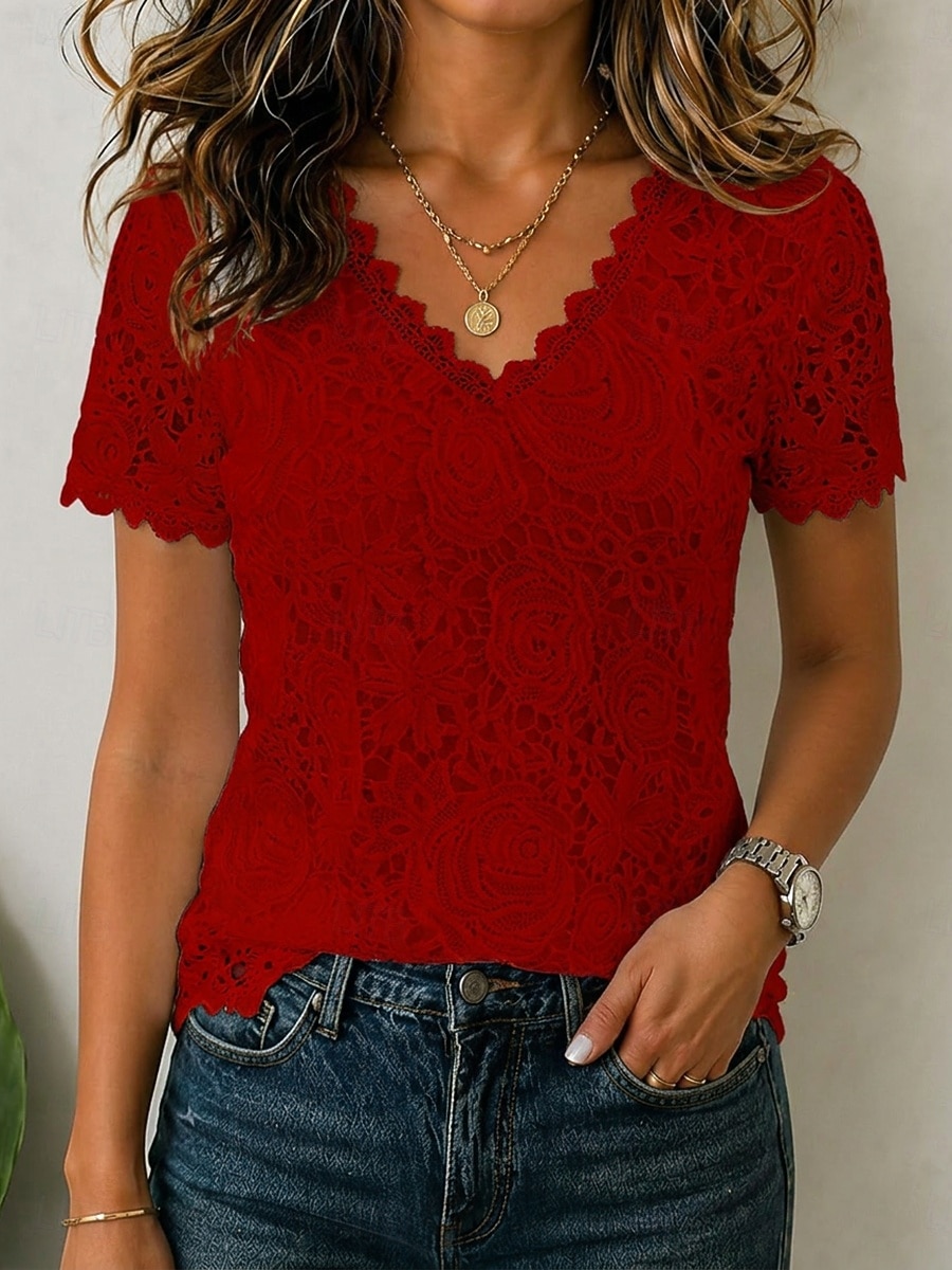 Per donna Top in pizzo Patchwork Traforato Bordo in pizzo Elegante Manica Corta Scollo a V Casuale Blu Bianco Nero Rosa Rosso Estate Autunno del 2026 a $10.49 –P7
