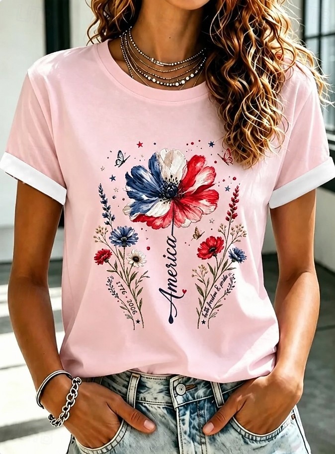 American Independence Day Women's T Shirt Print Graphic American Flag Vintage Fashion Casual Short Sleeve Crew Neck Regular Tops Casual Daily Weekend Light Beige Pink Summer Spring 2026 - $21.99 –P2